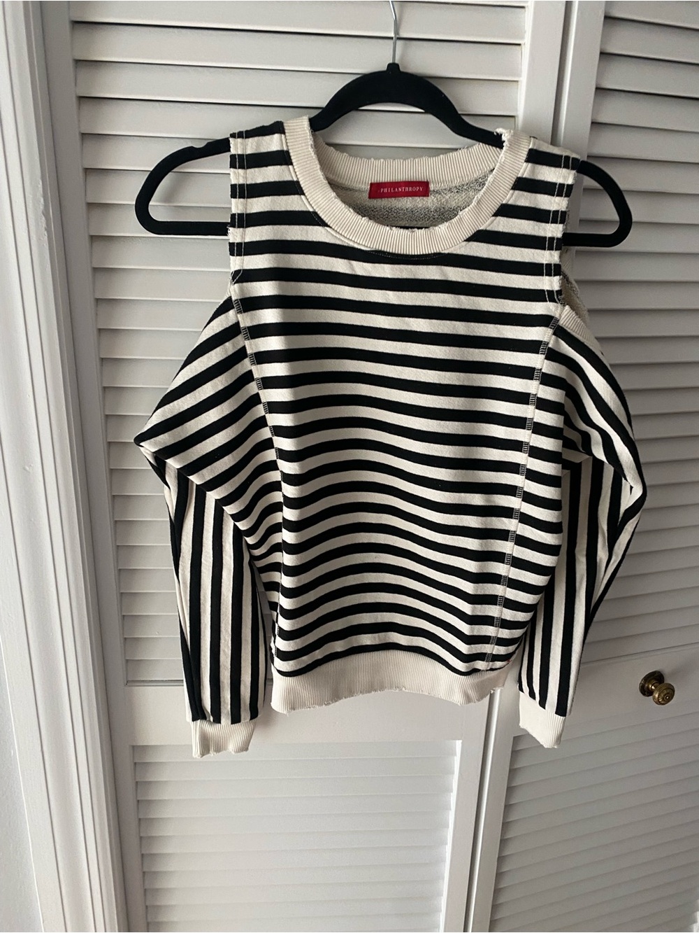 n:PHILANTHROPY Black and Cream Striped Crewneck cold shoulder sweatshirt - Picture 4 of 5